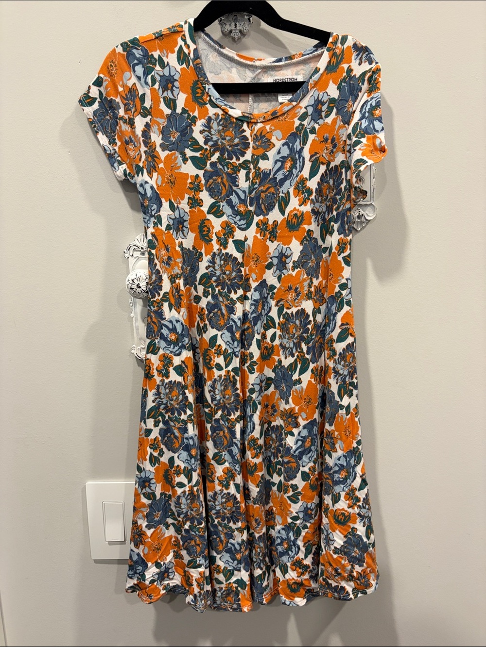 Nordstrom Orange and Blue Floral Short-Sleeve Girls' Casual Dress
